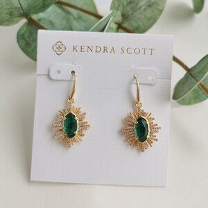Kendra Scott Grayson Sunburst Gold Green Glass Earrings. New with pouch